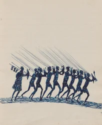 Kwatkwat Volk - (Aborigines kehren von der Jagd zurück) Skizzenbuch hauptsächlich über Aktivitäten von Aborigines und Weißen
